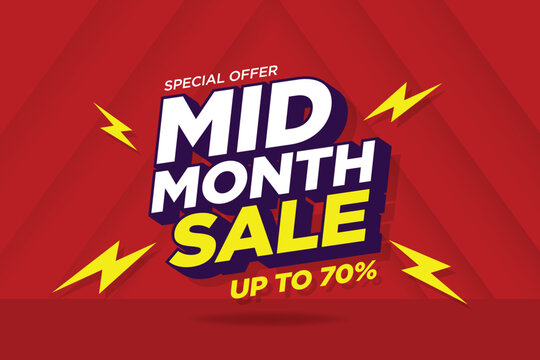 Mid month sale poster or banner vector template design. Big sale event on the red background. Ads for web, social media, shopping online.