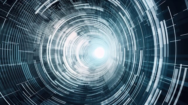 Abstract digital tunnel with data stream. Sci-fi blue background with copy space. AI generative image.