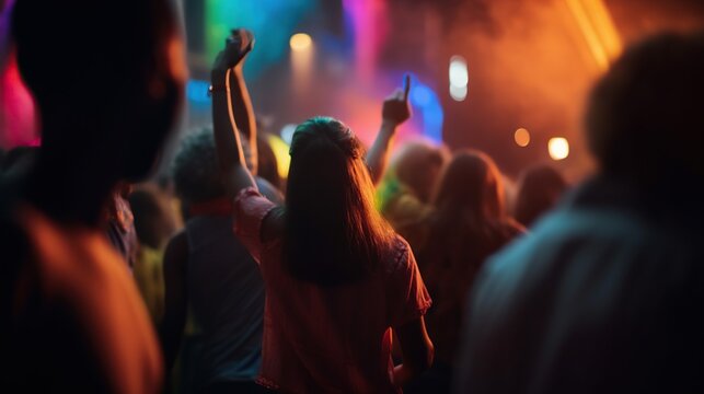 Illustration of crowded night club disco party. Silhouettes of people with long exposure effect. Indoor background. AI generative image.