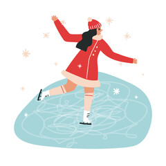 A figure skater girl on a rink, teenager skating on the ice surrounded by snowflakes. Winter sports, Christmas Holidays