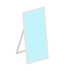 Small makeup mirror in square frame on stand vector flat illustration. Modern cosmetic equipment with silver metal border isolated. Glossy reflective glass for making visage and beauty care procedure.