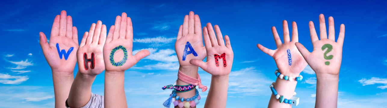 Children Hands Building Word Who Am I. Blue Sky