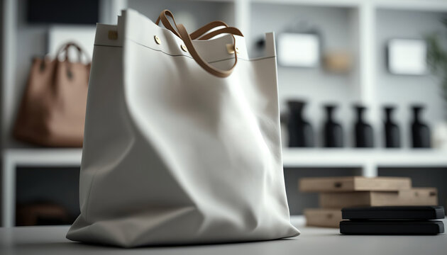 Close up shopping bag mockup with blurred store interior indoor background. Sale time concept. AI generative image.