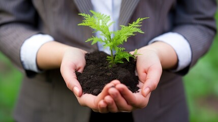 Businesswoman in elegant suit holds soil with fresh green sprout. Young plant in beautiful female hands. Investment and new beginning concept. Start up illustration. AI generative image.