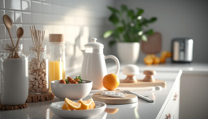 Fototapeta na wymiar Breakfast time in spacious modern kitchen with healthy food. Cozy indoor interior background. AI generative image.