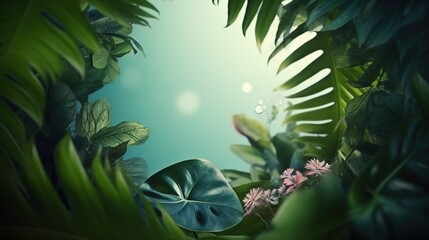 Fototapeta premium Beautiful fresh jungle background with exotic tropical leaves and flowers lake a round frame. Copy space in the middle. Green nature backdrop. AI generative image.