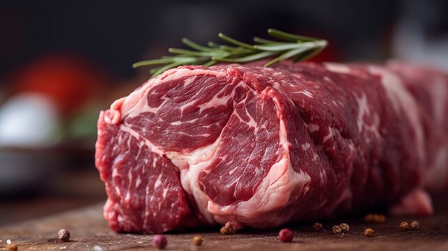 Fresh raw marbled beef meat on wooden cutting board. Illustration of Black Angus tenderloin. Banner with copy space. AI generative image.