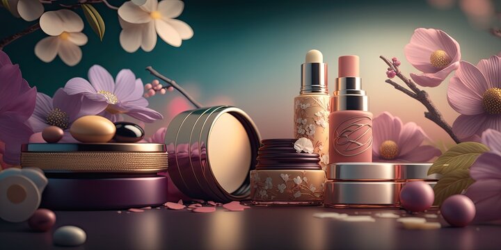 Beautiful composition made of organic cosmetic products and spring flowers on bright background. Natural beauty care concept. Horizontal banner. AI generative image.