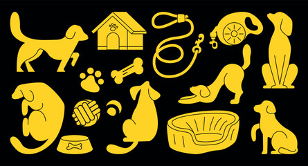 Various Dog Supplies and Equipment silhouette. Food, toys, home, collar, leash, tag, bone. Pet shop or store concept. Hand drawn colorful icons. Trendy Vector illustration isolated on background