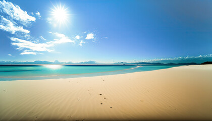 Fototapeta premium Beautiful and peaceful sea sandy coast, sunny summer beach scene, outdoor background. Horizontal pc splash screen. AI generative image.