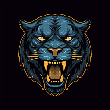 Panther logo. Roaring panther. Image of a panther's head on a black background. Panther tattoo. Panther head mascot