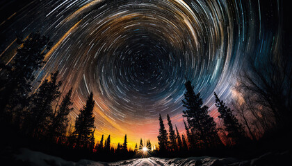 Fototapeta na wymiar Stunning star trails motion time-lapse night sky with forest silhouette landscape. Beautiful nature astro background. AI generative image.