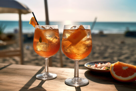 Inviting Tropical Cocktails on Rustic Beachside Table Under the Sun
