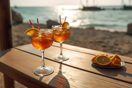 Refreshing Tropical Cocktails on a Rustic Table by the Beach