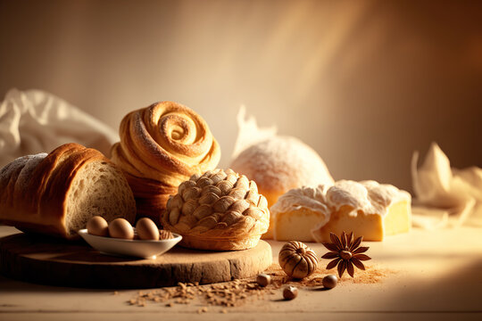 Fresh and sweet pastry and bakery products with copy space. AI generative image.