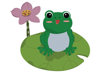 Green Frog on Lotus Leaf vector. This captivating artwork brings vibrant colors and intricate details to life.Vector wildlife and botanical style.