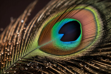 Obraz premium Background with peacock feather macro texture, multicolored. AI generated content