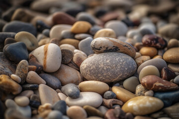 Fototapeta na wymiar Close up of rounded rocks, pebbles background. AI generated content