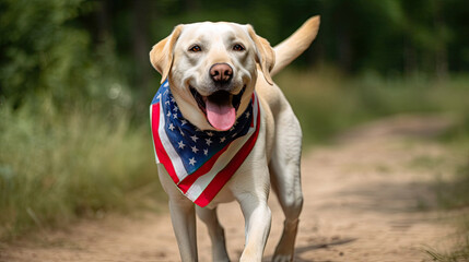 Happy Labrador Retriever carrying USA flag 4th of july with Generative AI Technology