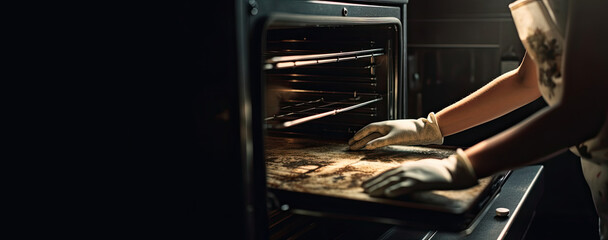 How to Clean Your Oven. Woman Demonstrates with Protective Gloves and Rag. generative ai