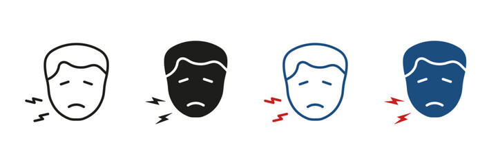 Male with Dental Pain, Teeth Ache Pictogram Collection. Man with Toothache Silhouette and Line Icon Set. Human Oral Disease, Dentist's Medical Treatment Symbol. Isolated Vector Illustration