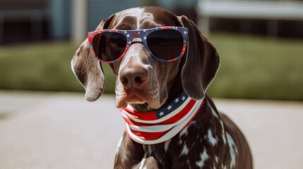 Panting German Shorthaired Pointer outside wearing USA Bandana 4th of july with Generative AI Technology