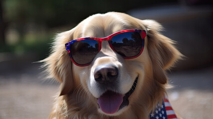 Panting Golden Retriever dog outside wearing fun patriotic Bandana 4th of july with Generative AI Technology