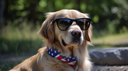 Panting Golden Retriever outside wearing fun patriotic Bandana 4th of july with Generative AI Technology