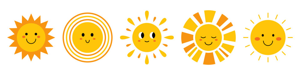 Vector cute smiling suns with face. Funny childish suns in flat design. Childish sunshine emoji. Baby suns with sunbeams.