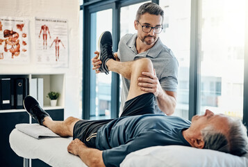 Stretching legs, rehabilitation and a physiotherapist with a man for wellness and disability support. Help, health and a male doctor helping an elderly person with physiotherapy on body muscle - Powered by Adobe
