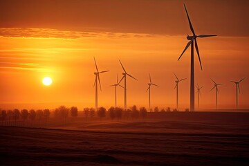 A wind farm at sunrise, with a few turbines on a warm summer day (Generative AI, Generativ, KI)