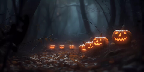 Jack-o'-lanterns in a foggy forest