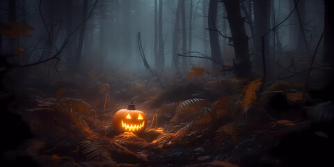 Jack-o'-lanterns in a foggy forest