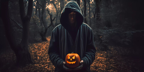Hooded figure holding a jack-o'-lantern