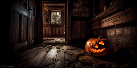 Jack-o'-lantern in a run down house