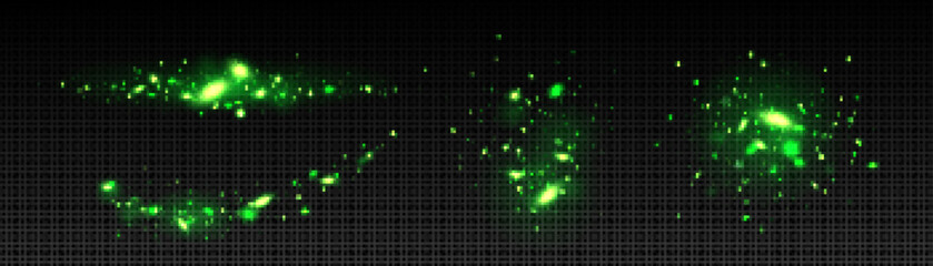 Green magic firefly glitter shine effect vector set. Emerald abstract sparkle with stardust texture isolated on transparent background. Flash glamour shimmer decoration with confetti particle spray