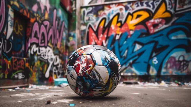 soccer ball and graffiti on the wall