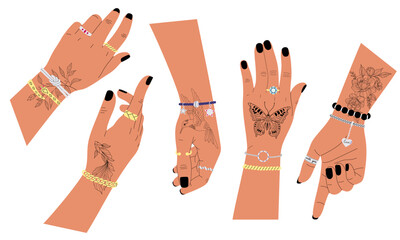 Vector set of female hands in rings and bracelets with black manicure and tattoos. Tattoo flowers, fish, bird, butterfly. - obrazy, fototapety, plakaty