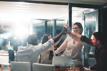 High five, collaboration and business people in celebration in the office for project success....