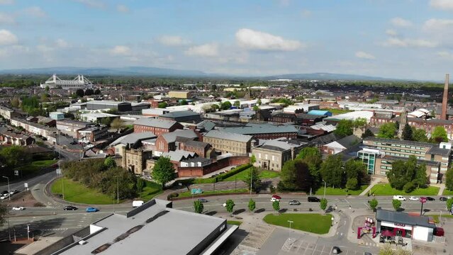 Aerial view of Preston Prison and Museum of Lancashire raising up on a sunny afternoon