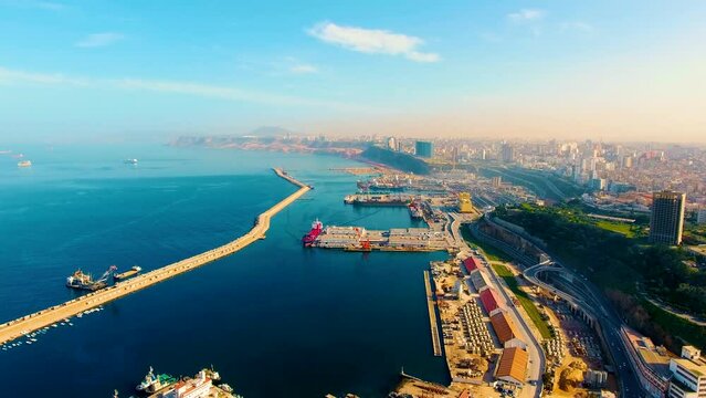 aerial shot of the city of oran with the port and the mideteranean sea