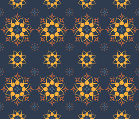 Ethnic folk geometric seamless pattern in dark blue and yellow vector illustration design for fabric, mat, carpet, scarf, wrapping paper, tile and more