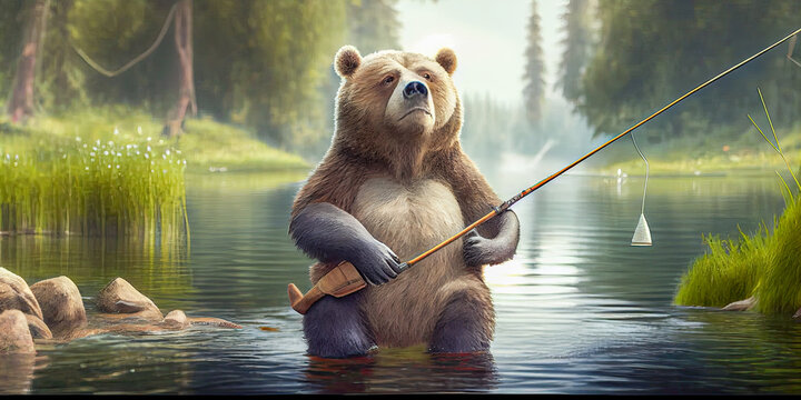 Funny Bear With Fishing Rod On The River, Gconcept Animals, Enerative Ai