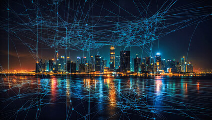 Fototapeta na wymiar internet connections at city skyline at night