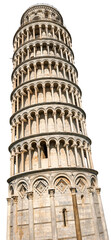 Leaning Tower of Pisa isolated on white or transparent background, Piazza dei Miracoli (Square of Miracles), UNESCO world heritage site, Tuscany, Italy, Europe. Png.