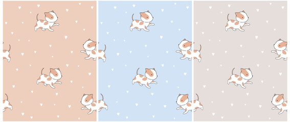 Fototapeta na wymiar Vector Seamless Pattern with Cute Hand Drawn White-Brown Little Puppy. Lovely Repeatable Design with Funny Baby Dogs and Tiny Hearts on a Beige, Gray and Blue Background. Sweet Baby Amstaff Print.
