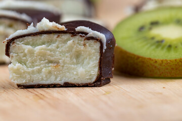 sweet green cottage cheese with kiwi flavor in chocolate glaze