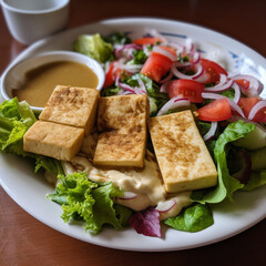 Fototapeta na wymiar tofu with shawarma dressing and salad on the side