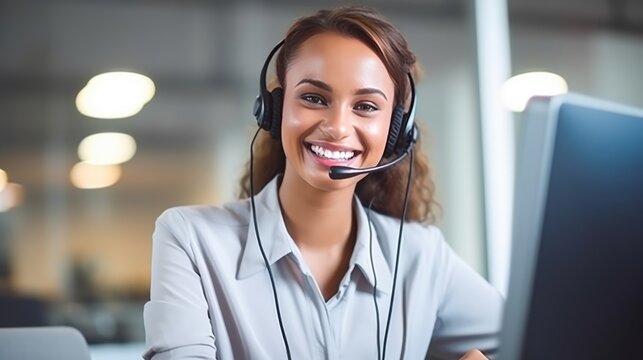 Portrait of a woman working in customer service at a call center. Generative AI.