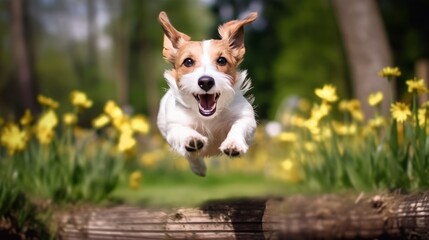 Playful Jack Russell Terrier Dog Enjoying Springtime in Flower Garden. Spring, easter banner or background. Puppy training. Generative AI.